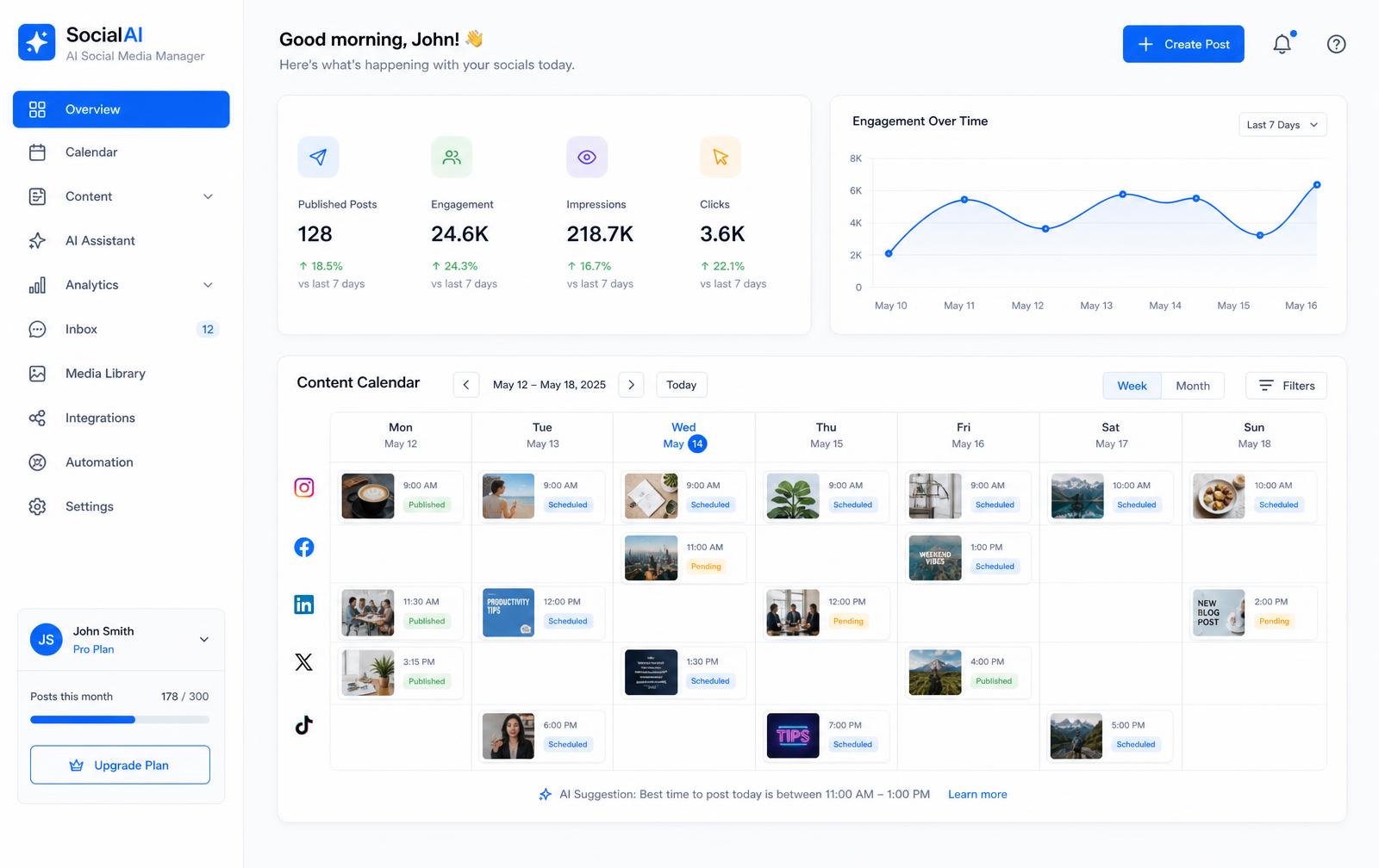 Brandmind dashboard showing a weekly content calendar, scheduled posts and engagement chart